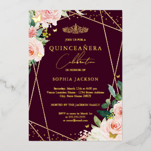 Geometrisches Blush Burgundy Foto Quinceanera Folieneinladung