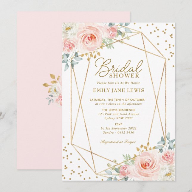 Geometrisches Blush-Gold-Confetti-Brautparty Einladung (Vorne/Hinten)
