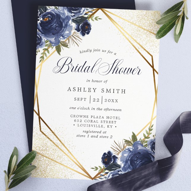 Geometrisches Brautparty für Navy Blue Floral Gold Einladung (Von Creator hochgeladen)