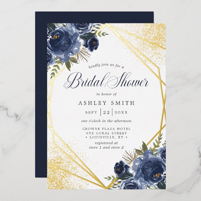 Geometrisches Brautparty für Navy Blue Floral Gold Folieneinladung (Vorderseite/Rückseite)