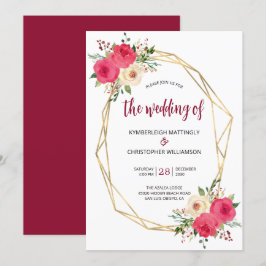 Geometrisches Burgundy Gold Watercolor Floral Wedd Einladung