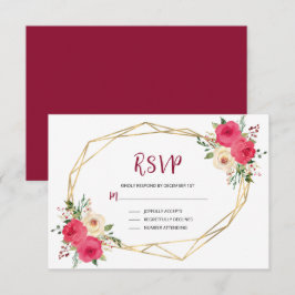 Geometrisches Burgundy Gold Watercolor Floral Wedd RSVP Karte