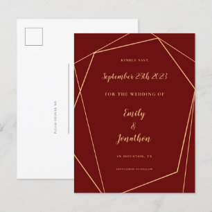 Geometrisches Burgundy Gold Wedding Rette Ankündigungspostkarte