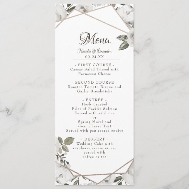 Geometrisches Cherish White Floral & Rose Gold Din Menükarte (Vorderseite)