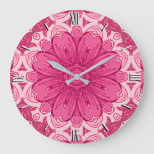 Geometrisches Daisy-Muster in Korallen und Pastell Große Wanduhr