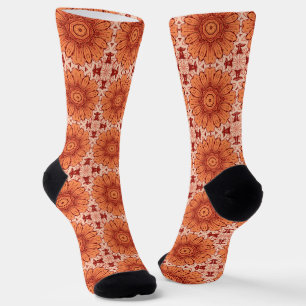 Geometrisches Daisy Muster in Mandarin Orange Socken