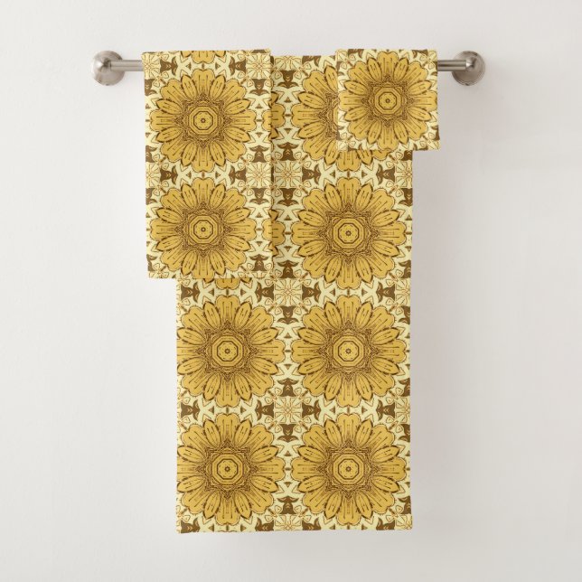 Geometrisches Daisy Muster in Mustard Gold Badhandtuch Set (Insitu)
