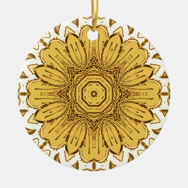 Geometrisches Daisy Muster in Mustard Gold Keramik Ornament (Vorne)