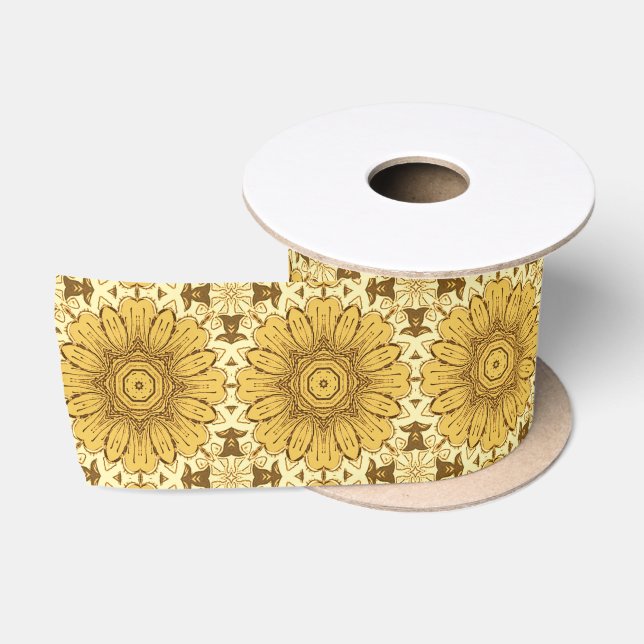 Geometrisches Daisy Muster in Mustard Gold Satinband (Spule)