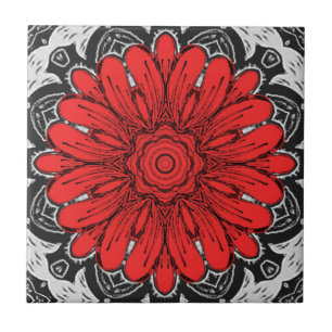 Geometrisches Daisy-Muster in Rot und Weiß Fliese