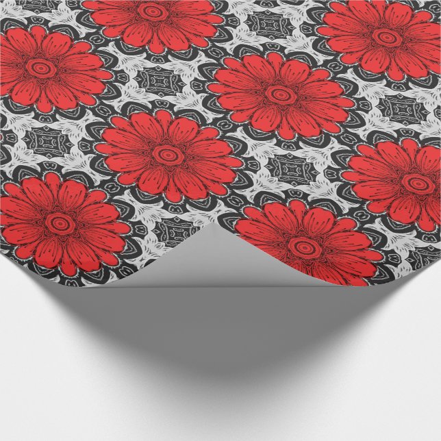 Geometrisches Daisy-Muster in Rot und Weiß Geschenkpapier (Ecke)