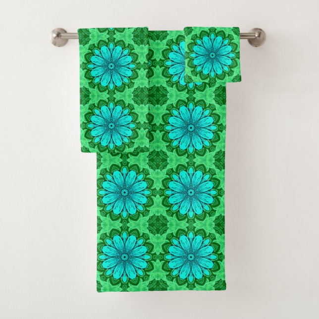 Geometrisches Daisy Muster in Türkis und Grün Badhandtuch Set (Insitu)