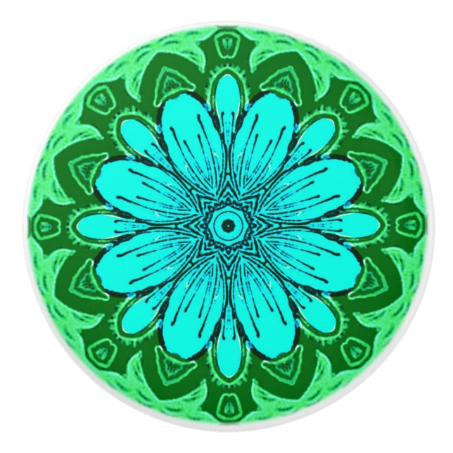 Geometrisches Daisy Muster in Türkis und Grün Keramikknauf (Vorderseite)