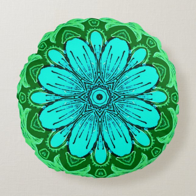 Geometrisches Daisy Muster in Türkis und Grün Rundes Kissen (Vorderseite)