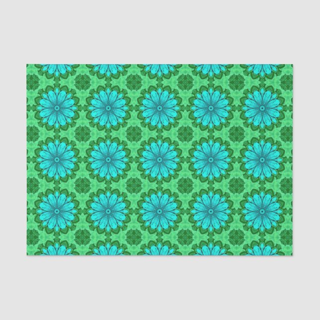 Geometrisches Daisy Muster in Türkis und Grün Seidenpapier (Vorderseite)