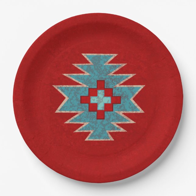 Geometrisches Design der Südwest Mesas Red & Turqu Pappteller (Vorderseite)