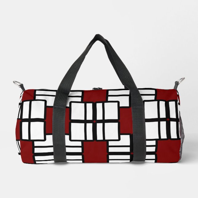 Geometrisches Design in tiefrot, weiß und schwarz Duffle Bag (Vorderseite)