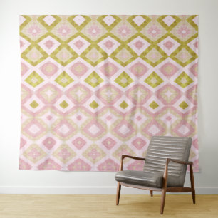 Geometrisches Diamantmuster in Rosa und Olivgrün Wandteppich