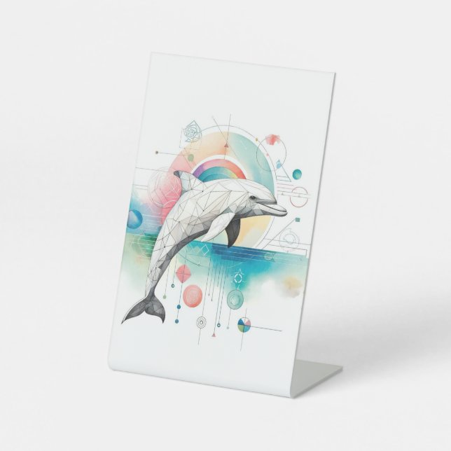 Geometrisches Dolphin Pedestzeichen mit künstleris Sockelschild (Vorderseite)