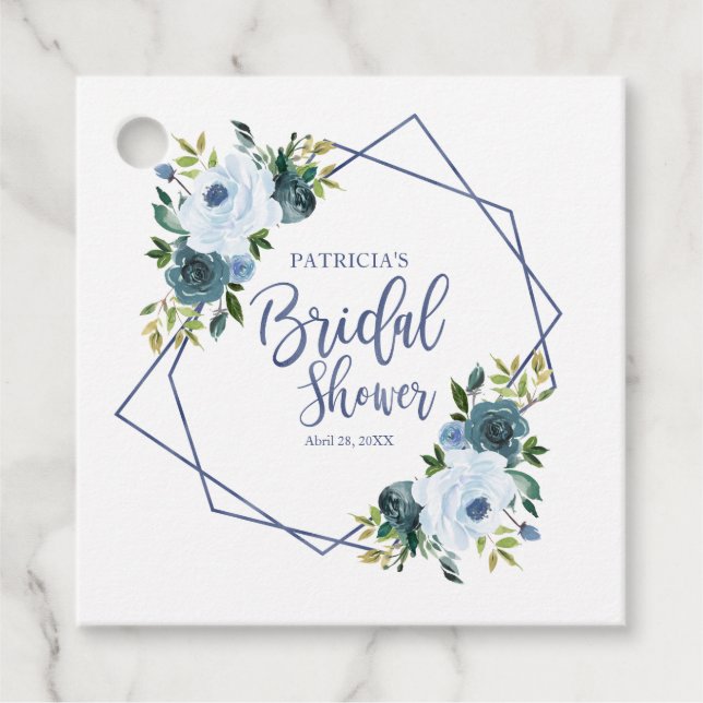 Geometrisches Dusty Blue Floral Brautparty Geschenkanhänger (Vorderseite)