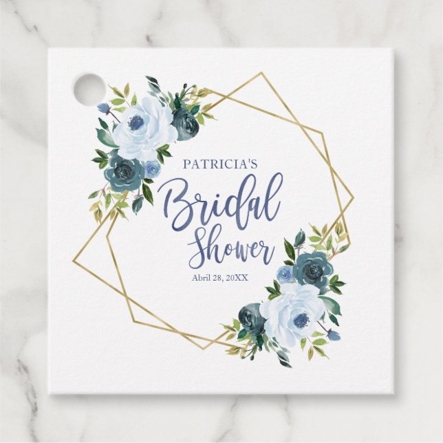 Geometrisches Dusty Blue Gold Floral Brautparty Geschenkanhänger (Vorderseite)