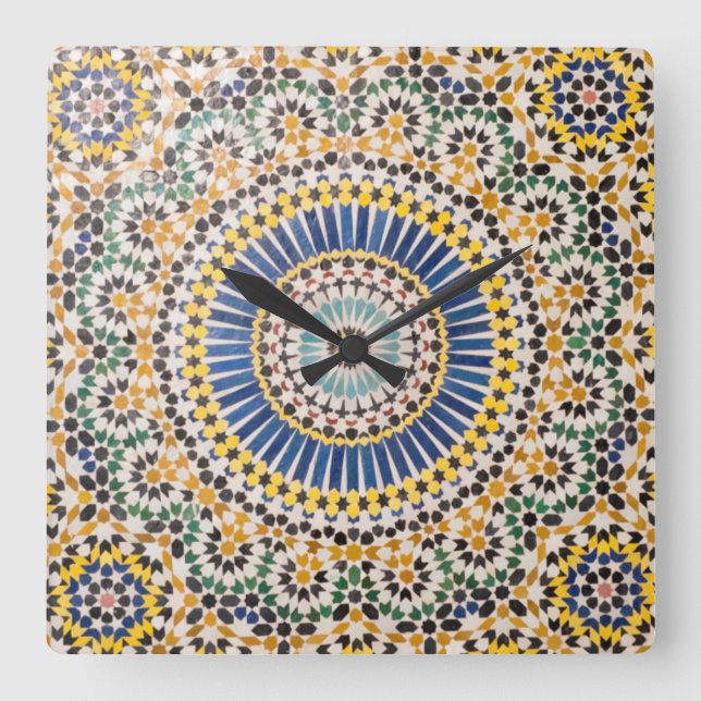 Geometrisches Fliesenmuster, Marokko Quadratische Wanduhr (Vorderseite)