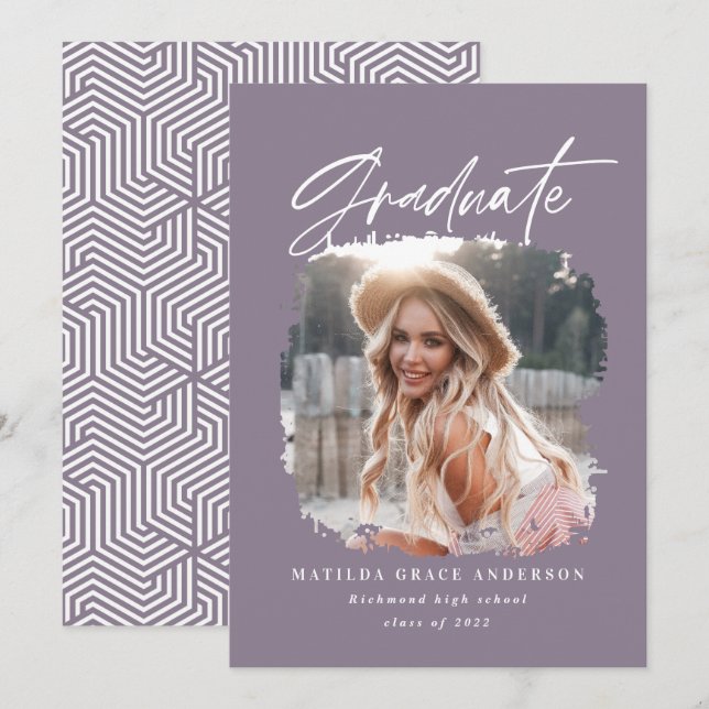 Geometrisches Foto mädchenhaft lila Skript-Abschlu Ankündigung (Vorne/Hinten)