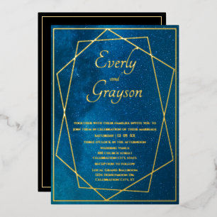 Geometrisches Frame Night Sky Blue & Gold Wedding Folieneinladung