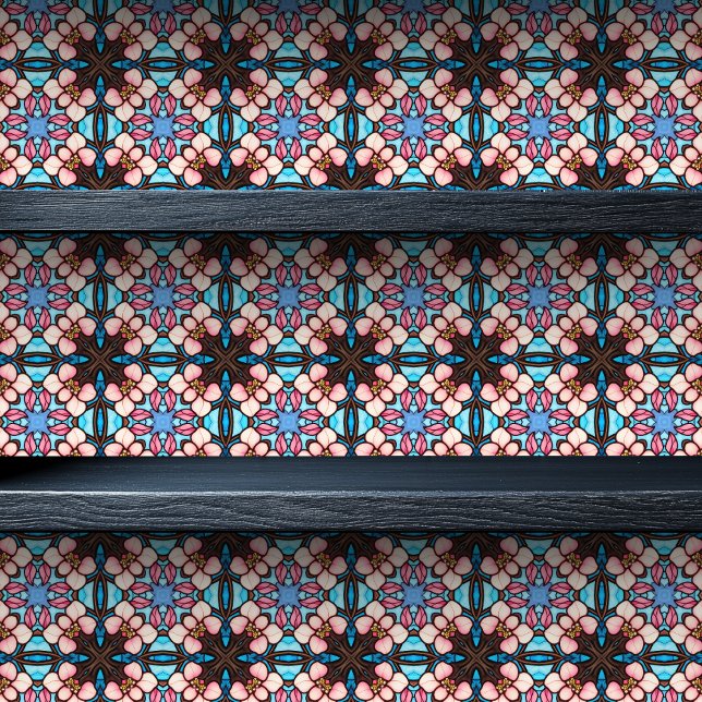 Geometrisches, geometrisches, symmetrisches, klein tapete (Stained Glass Geometric Symmetrical Small Print Wallpaper on Shelf)