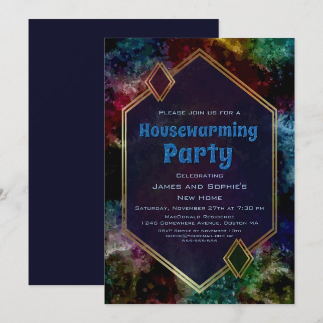 Geometrisches Gold Blue Glitzer Housewarming Party Einladung (Vorne/Hinten)