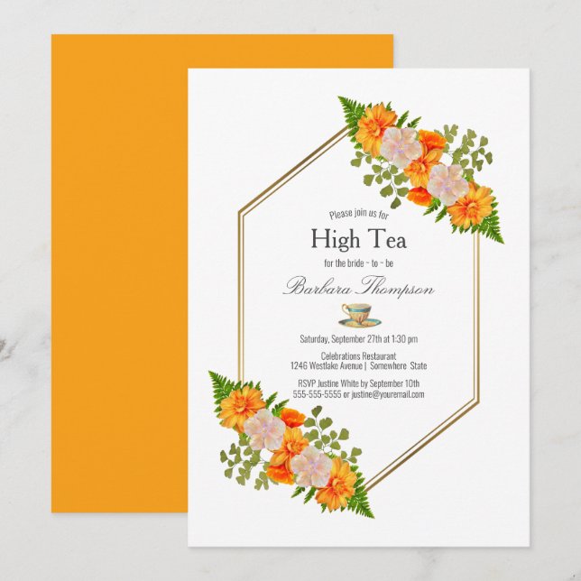 Geometrisches Gold Blush Orange Blumenstrauß Tee Einladung (Vorne/Hinten)