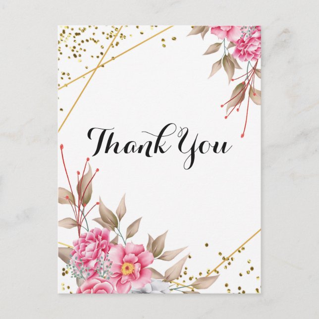 Geometrisches Gold Frame Rosa Floral Vielen Dank Postkarte (Vorderseite)