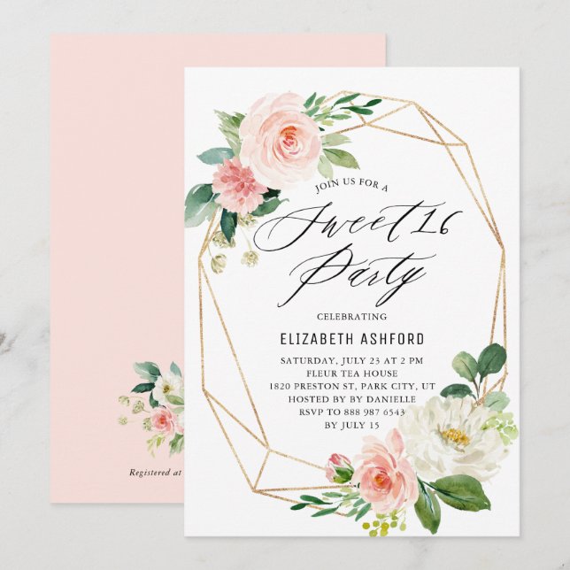 Geometrisches Gold Frame Rosa Florals Sweet 16 Par Einladung (Vorne/Hinten)