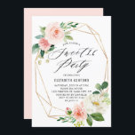 Geometrisches Gold Frame Rosa Florals Sweet 16 Par Einladung<br><div class="desc">Geometrische Goldrahmen Pfirsichfarben Florals Sweet 16 Party Einladung. Individuell gestaltete 16 . Geburtstag-Einladung mit romantischen Aquarellbouquets in Rosa und Weiß-Blume mit Grünpflanzen und Imitaten mit geometrischen Rahmen aus Goldfolie. Diese blumengeschmückte 16 . Geburtstag-Einladung eignet sich hervorragend für Brautpartys im Frühling und im Garten.</div>
