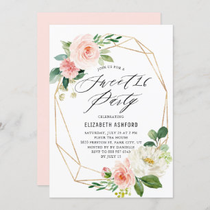 Geometrisches Gold Frame Rosa Florals Sweet 16 Par Einladung