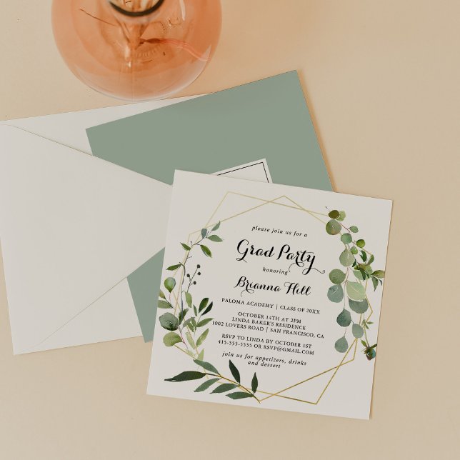 Geometrisches Gold Tropical Calligraphy Grad Party Einladung (Von Creator hochgeladen)