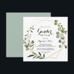 Geometrisches Gold Tropical Green Gender Reveal Pa Einladung<br><div class="desc">Dieses geometrische goldgrüne Geschlecht,  das Party Einladung offenbart,  eignet sich perfekt für eine einfache Darstellung des Babygeschlechts. Das Design besticht durch handbemalte grüne Blätter,  die einen goldenen geometrischen Rahmen schmücken.</div>