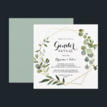 Geometrisches Gold Tropical Green Gender Reveal Pa Einladung<br><div class="desc">Dieses geometrische goldgrüne Geschlecht,  das Party Einladung offenbart,  eignet sich perfekt für eine einfache Darstellung des Babygeschlechts. Das Design besticht durch handbemalte grüne Blätter,  die einen goldenen geometrischen Rahmen schmücken.</div>