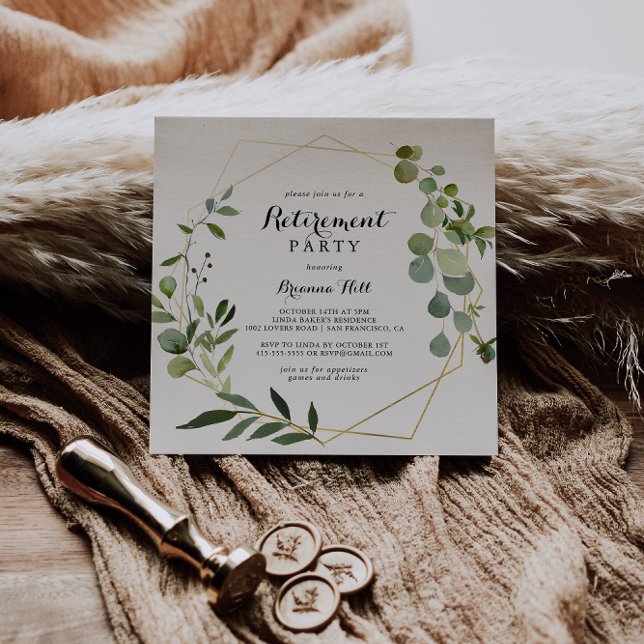 Geometrisches Gold Tropical Green Retirement Party Einladung (Von Creator hochgeladen)