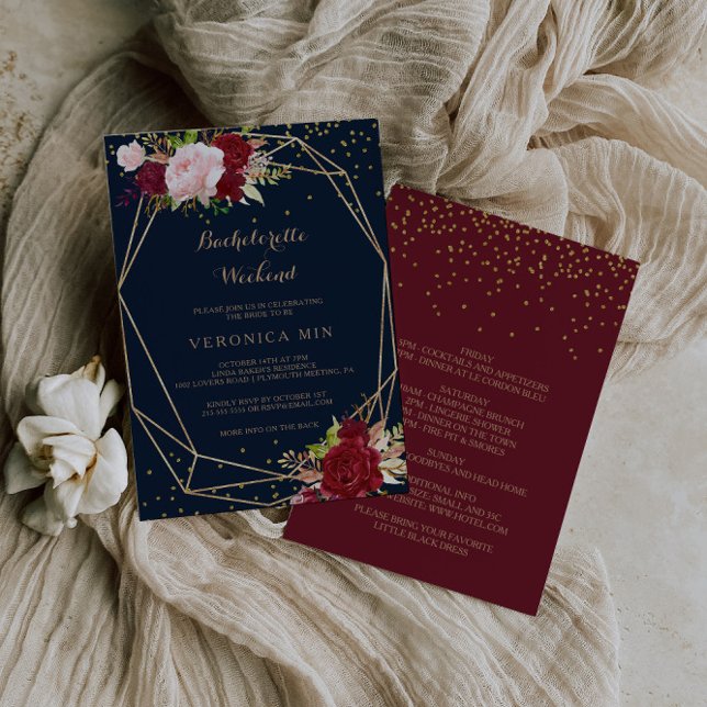 Geometrisches Gold und rotes tropisches Bacheloret Einladung (Von Creator hochgeladen)