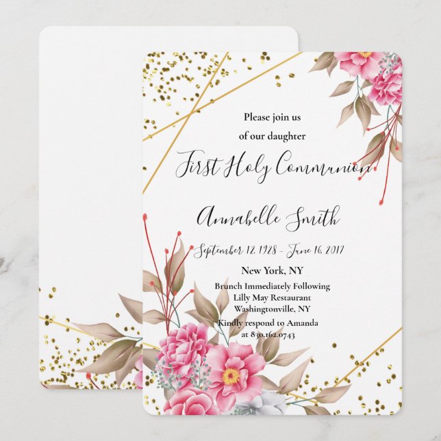 Geometrisches goldfarbenes Frame Rosa Floral First Einladung (Vorne/Hinten)