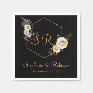Geometrisches Goldmonogramm auf schwarzem Hochzeit Serviette