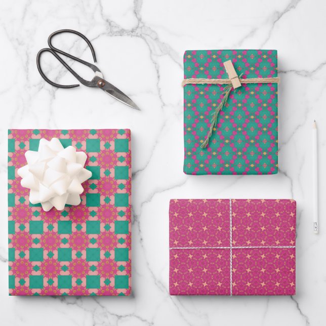 Geometrisches grün dunkelrosa Set Geschenkpapier Set (Vorderseite)