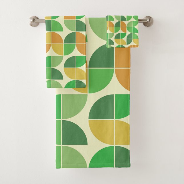 Geometrisches, grün leuchtendes Retro-Mittelteil Badhandtuch Set (Insitu)