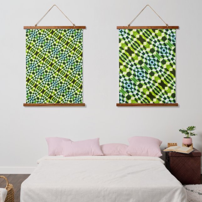 Geometrisches grünes Muster Abstrakt Moderne Kunst Wandteppich Mit Holzrahmen (Schlafzimmer)