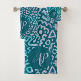 Geometrisches grünes Retrogramm Badhandtuch Set