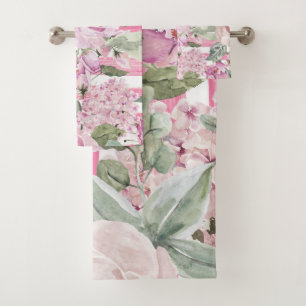 Geometrisches grünes rosa Pastellblumen des Badhandtuch Set