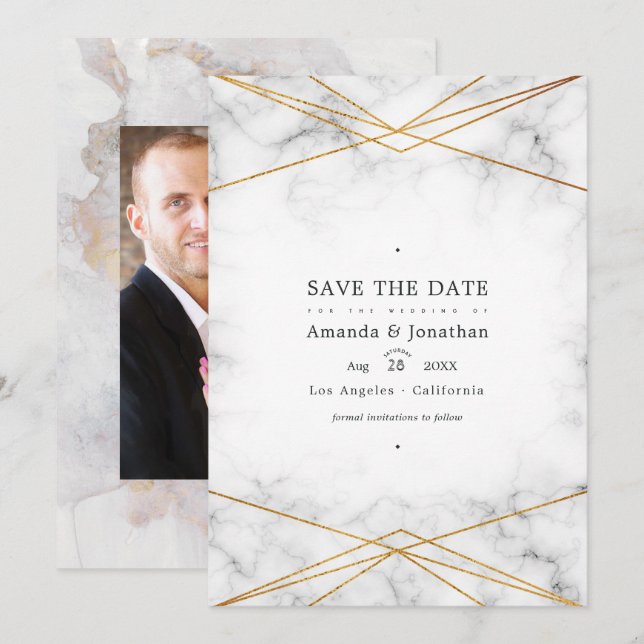 Geometrisches HochzeitsFoto aus Gold Marble Save The Date (Vorne/Hinten)