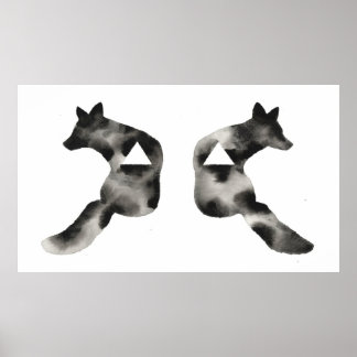 Geometrisches Inkblot Fox Triangle Schwarz-weiß mo Poster