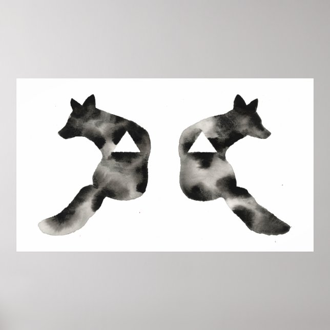 Geometrisches Inkblot Fox Triangle Schwarz-weiß mo Poster (Vorne)